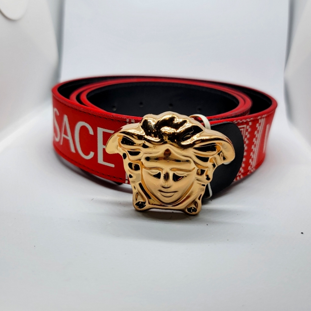 Versace Red Belt with Gold Medusa Buckle